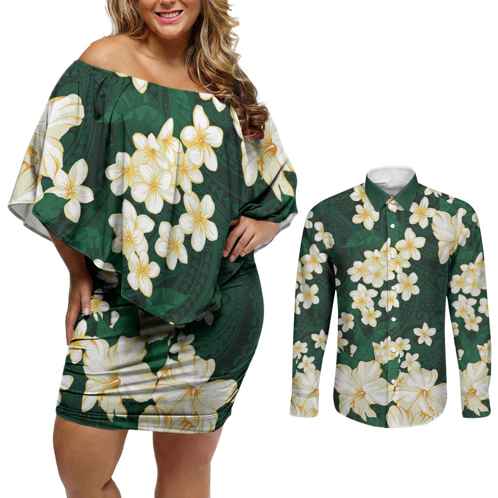 Hawaii Hibiscus Plumeria Green Couples Matching Off Shoulder Short Dress and Long Sleeve Button Shirt Polynesian Pattern LT01 Green - Polynesian Pride