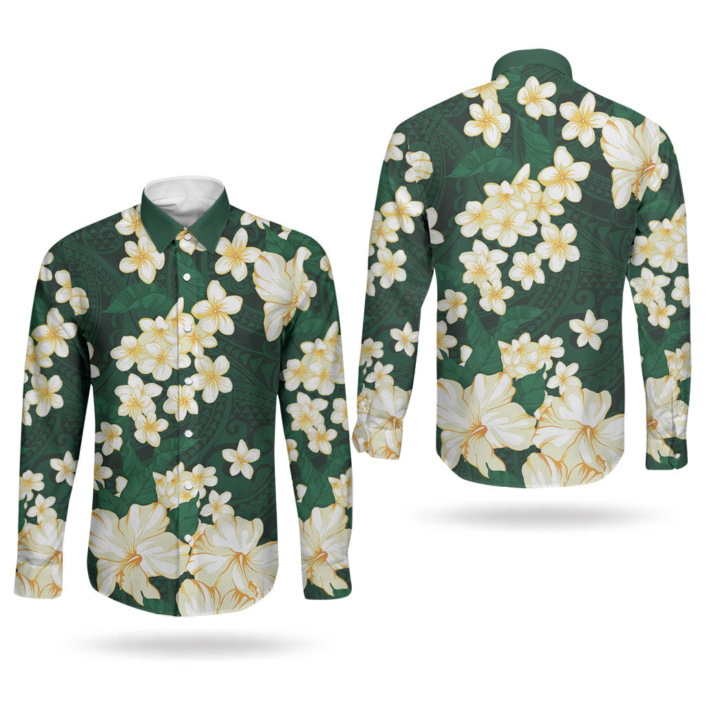 Hawaii Hibiscus Plumeria Green Couples Matching Off The Shoulder Long Sleeve Dress and Long Sleeve Button Shirt Polynesian Pattern