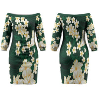 Hawaii Hibiscus Plumeria Green Couples Matching Off The Shoulder Long Sleeve Dress and Long Sleeve Button Shirt Polynesian Pattern