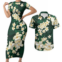 Hawaii Hibiscus Plumeria Green Couples Matching Short Sleeve Bodycon Dress and Hawaiian Shirt Polynesian Pattern