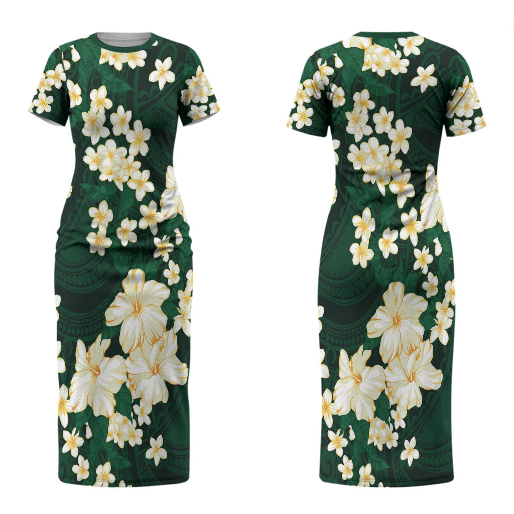 Hawaii Hibiscus Plumeria Green Couples Matching Short Sleeve Bodycon Dress and Hawaiian Shirt Polynesian Pattern