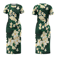 Hawaii Hibiscus Plumeria Green Couples Matching Short Sleeve Bodycon Dress and Hawaiian Shirt Polynesian Pattern