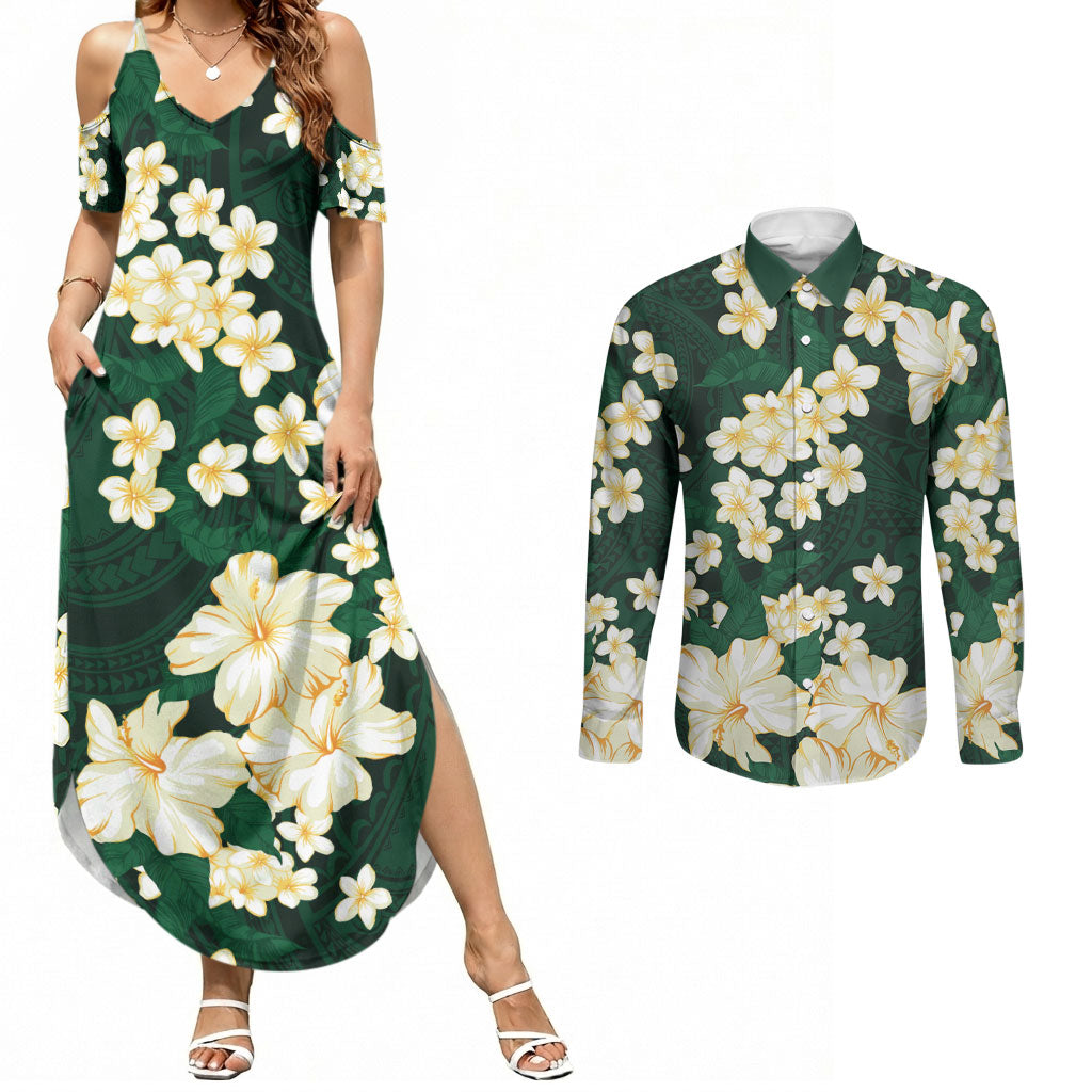 Hawaii Hibiscus Plumeria Green Couples Matching Summer Maxi Dress and Long Sleeve Button Shirt Polynesian Pattern LT01 Green - Polynesian Pride