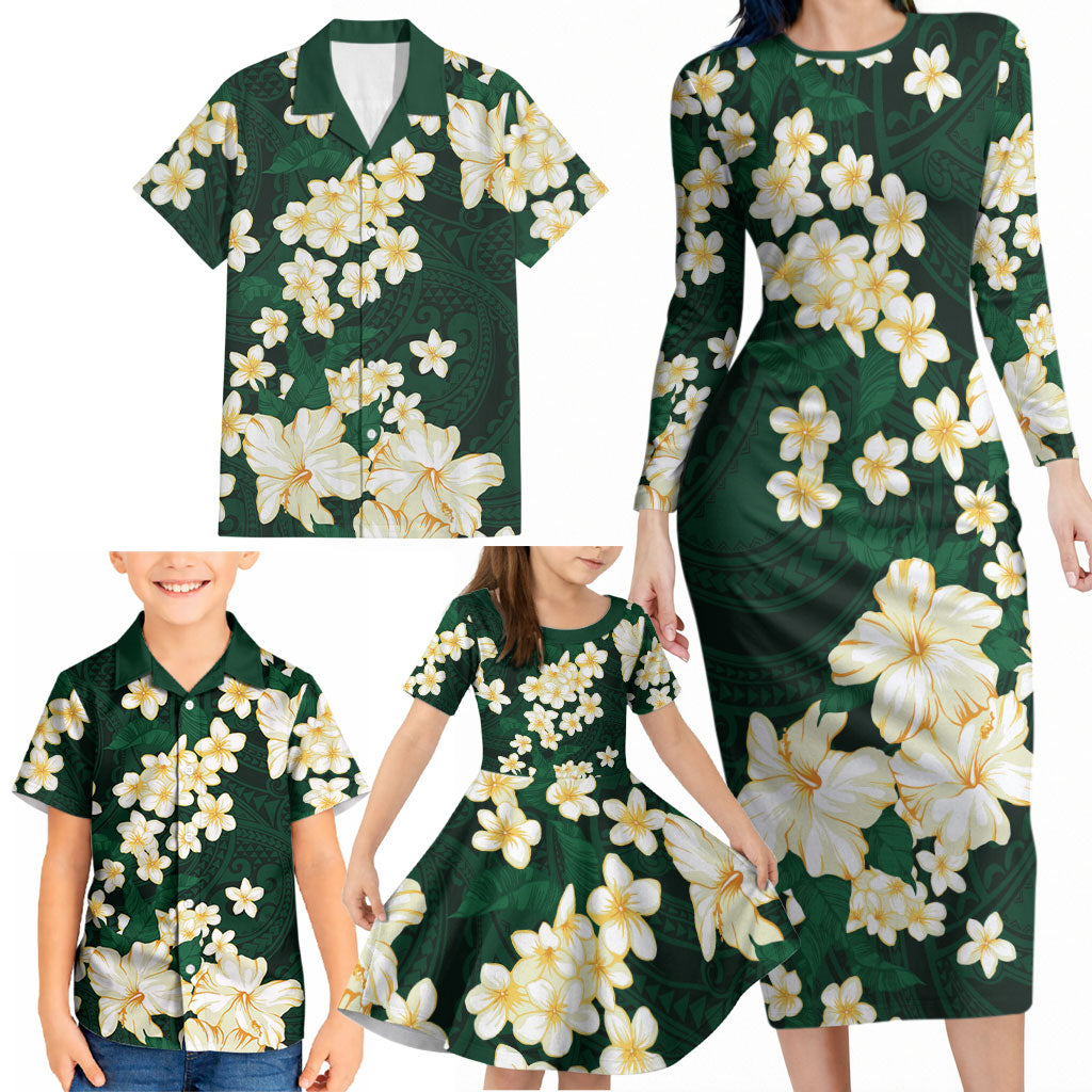 Hawaii Hibiscus Plumeria Green Family Matching Long Sleeve Bodycon Dress and Hawaiian Shirt Polynesian Pattern LT01 - Polynesian Pride