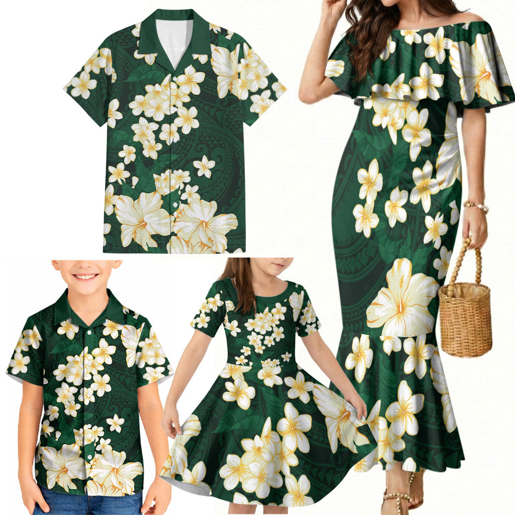 Hawaii Hibiscus Plumeria Green Family Matching Mermaid Dress and Hawaiian Shirt Polynesian Pattern LT01 - Polynesian Pride
