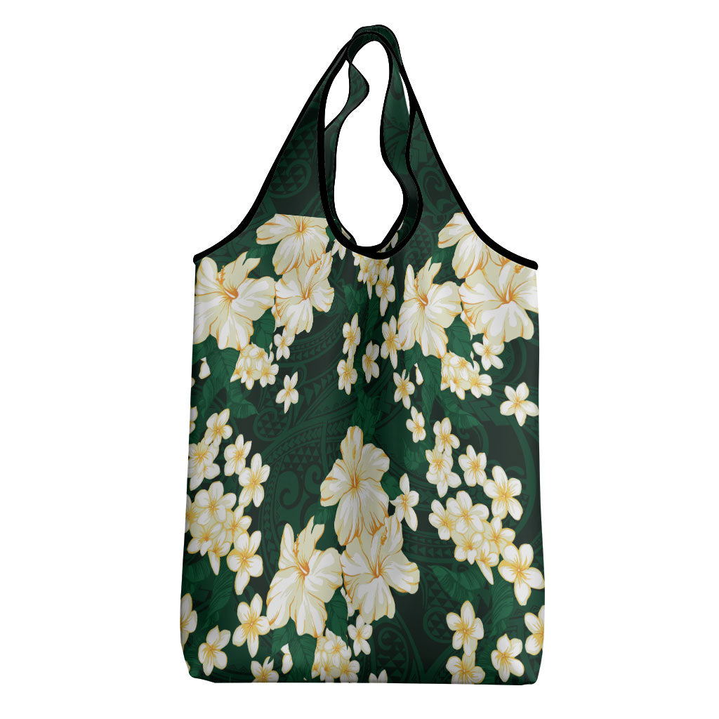 Hawaii Hibiscus Plumeria Green Grocery Bag Polynesian Pattern
