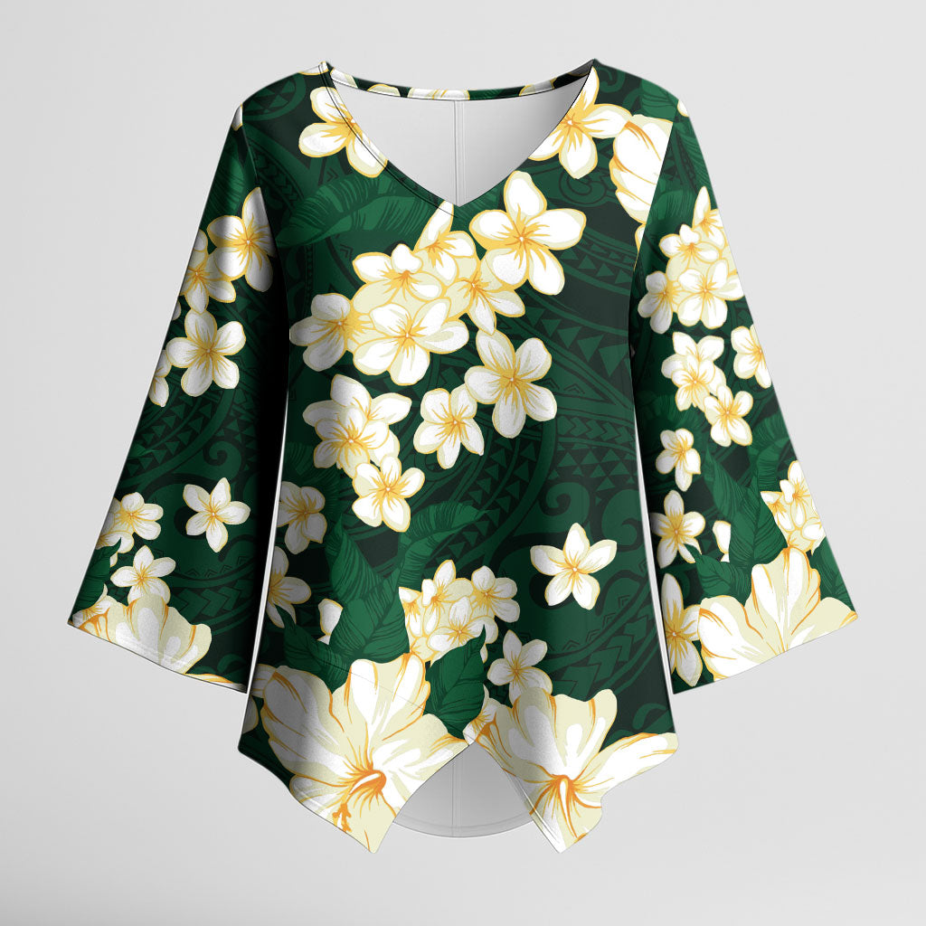 Hawaii Hibiscus Plumeria Green Kimono Sleeve Blouse Polynesian Pattern