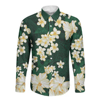 Hawaii Hibiscus Plumeria Green Long Sleeve Button Shirt Polynesian Pattern