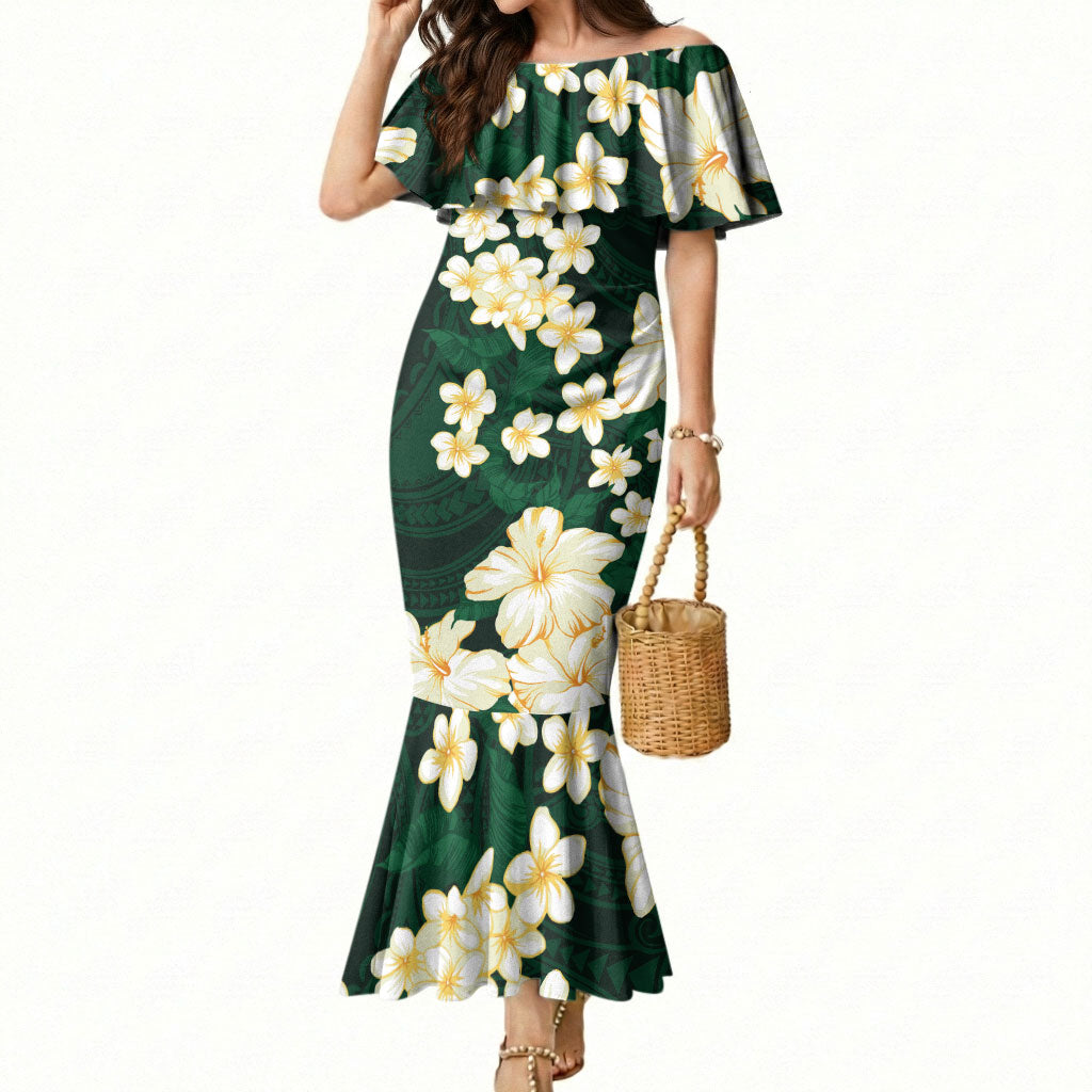 Hawaii Hibiscus Plumeria Green Mermaid Dress Polynesian Pattern LT01 Women Green - Polynesian Pride