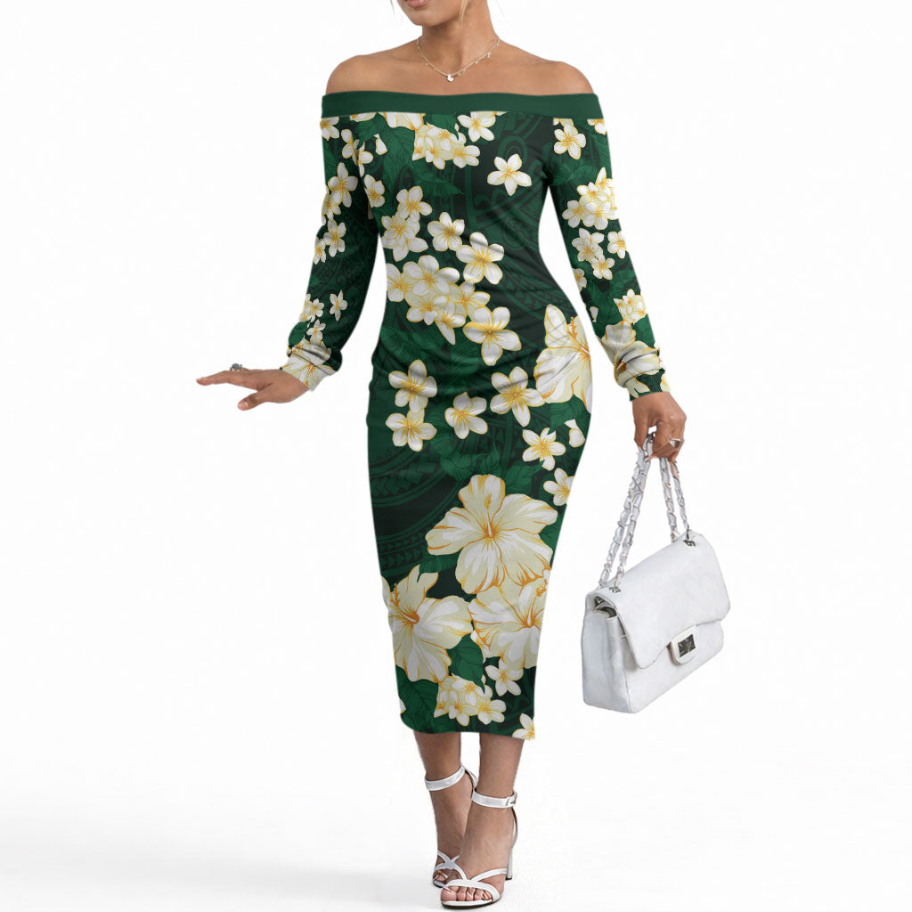Hawaii Hibiscus Plumeria Green Off The Shoulder Long Sleeve Dress Polynesian Pattern LT01 Women Green - Polynesian Pride