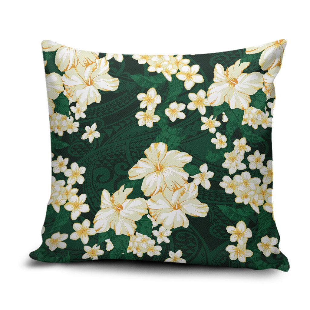Hawaii Hibiscus Plumeria Green Pillow Cover Polynesian Pattern
