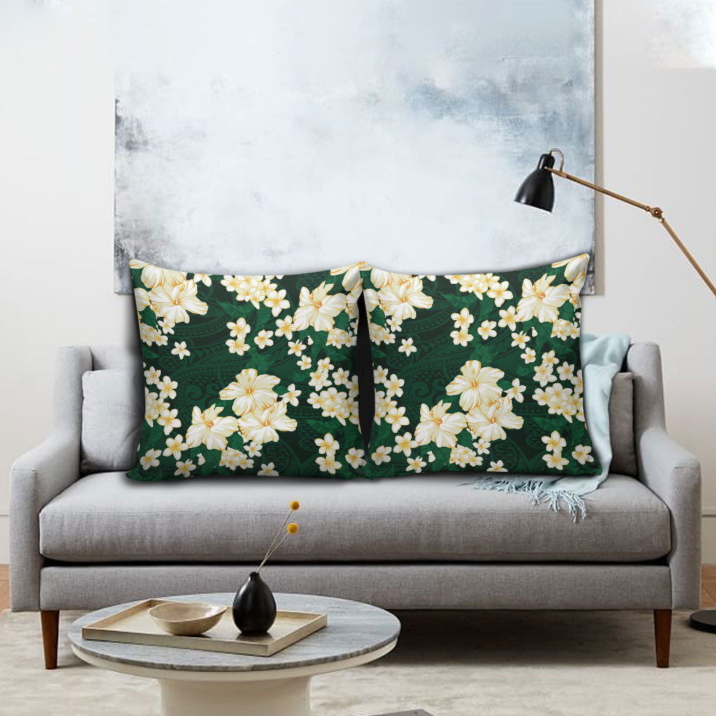 Hawaii Hibiscus Plumeria Green Pillow Cover Polynesian Pattern