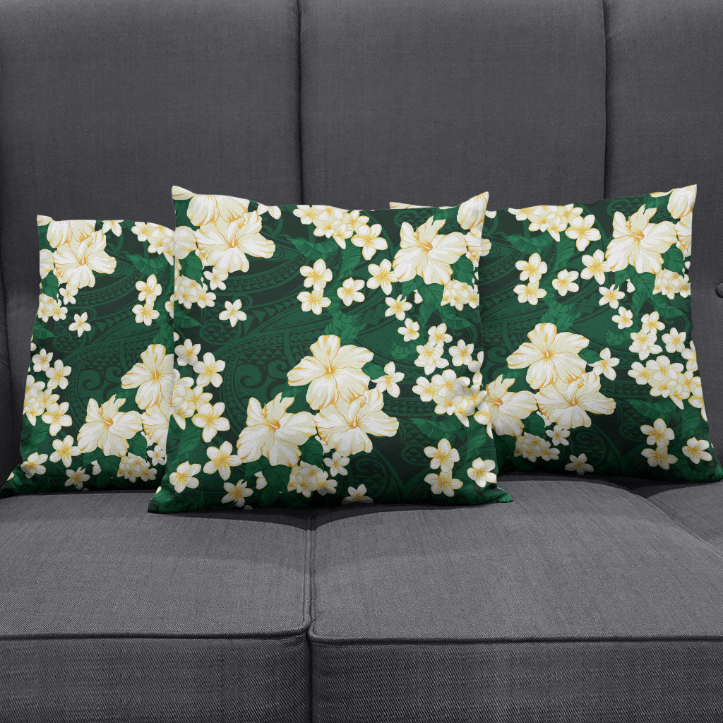 Hawaii Hibiscus Plumeria Green Pillow Cover Polynesian Pattern