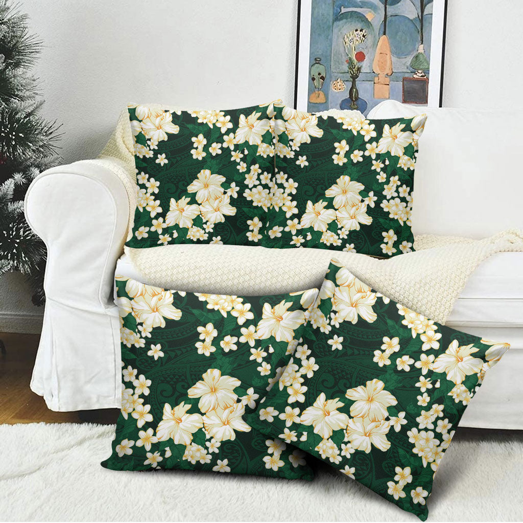 Hawaii Hibiscus Plumeria Green Pillow Cover Polynesian Pattern