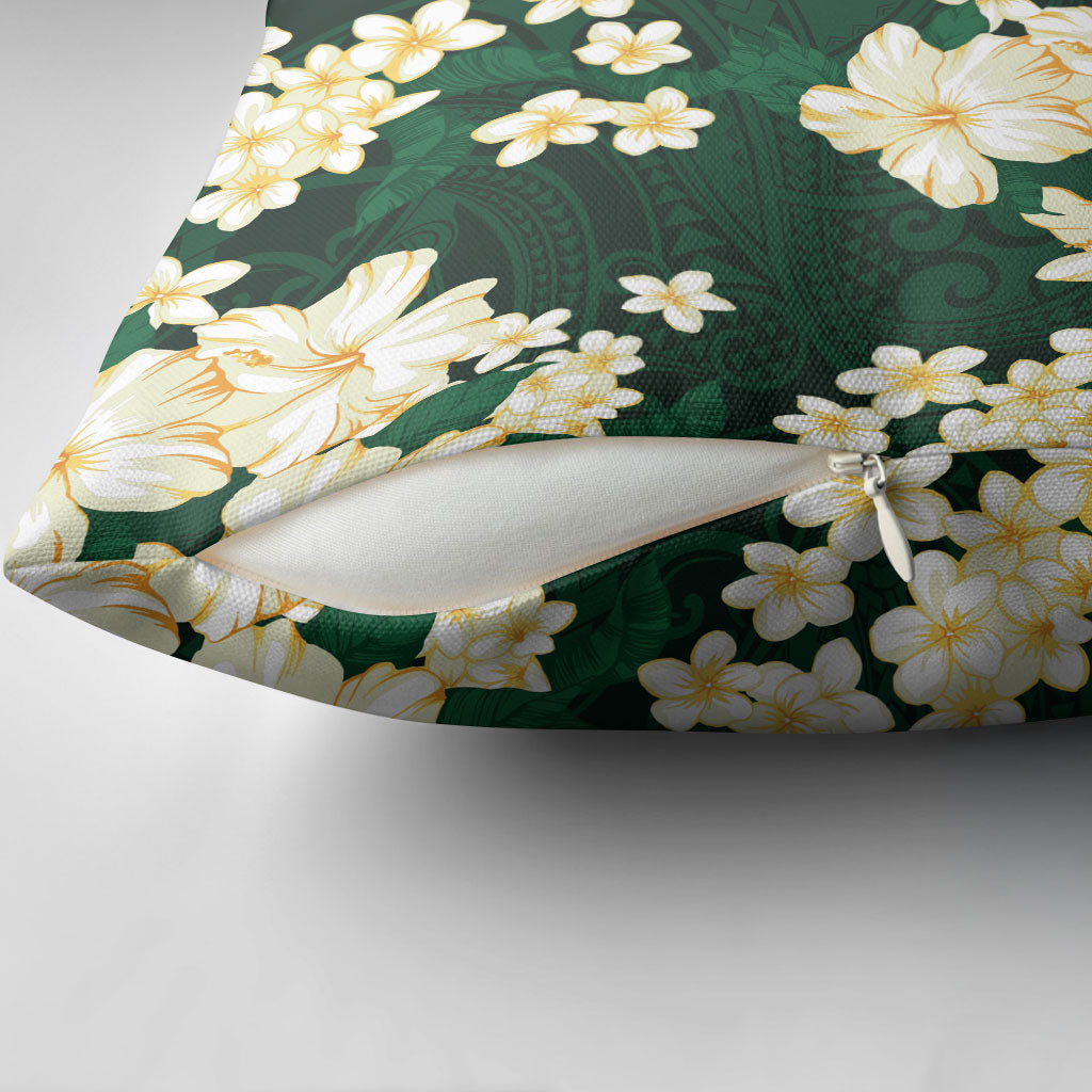 Hawaii Hibiscus Plumeria Green Pillow Cover Polynesian Pattern
