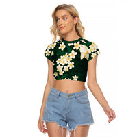 Hawaii Hibiscus Plumeria Green Raglan Cropped T Shirt Polynesian Pattern