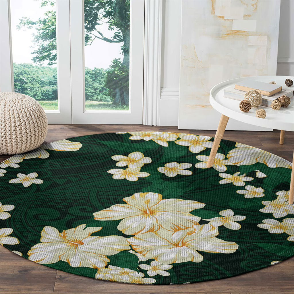 Hawaii Hibiscus Plumeria Green Round Carpet Polynesian Pattern LT01 - Polynesian Pride