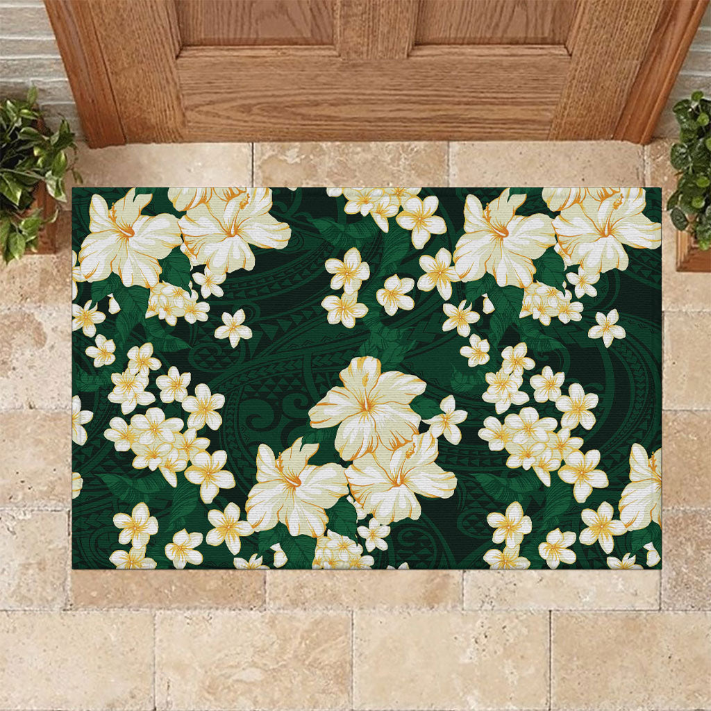 Hawaii Hibiscus Plumeria Green Rubber Doormat Polynesian Pattern