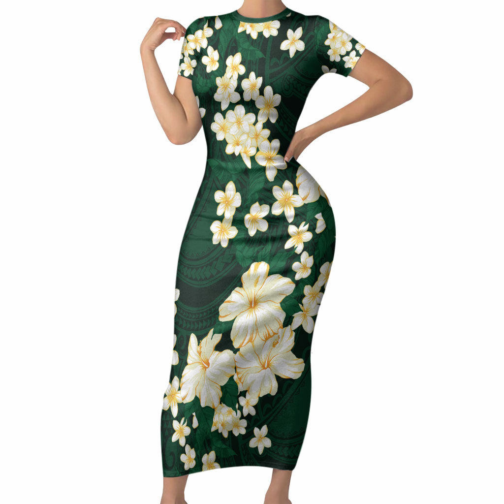 Hawaii Hibiscus Plumeria Green Short Sleeve Bodycon Dress Polynesian Pattern LT01 Long Dress Green - Polynesian Pride