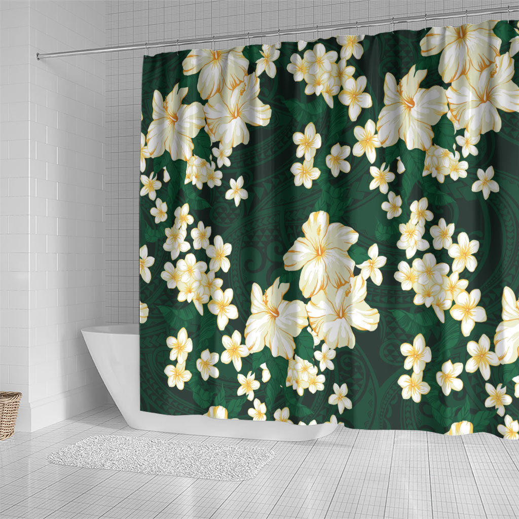 Hawaii Hibiscus Plumeria Green Shower Curtain Polynesian Pattern
