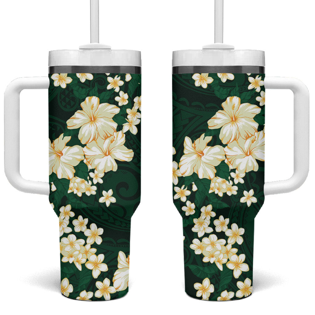 Hawaii Hibiscus Plumeria Green Tumbler With Handle Polynesian Pattern