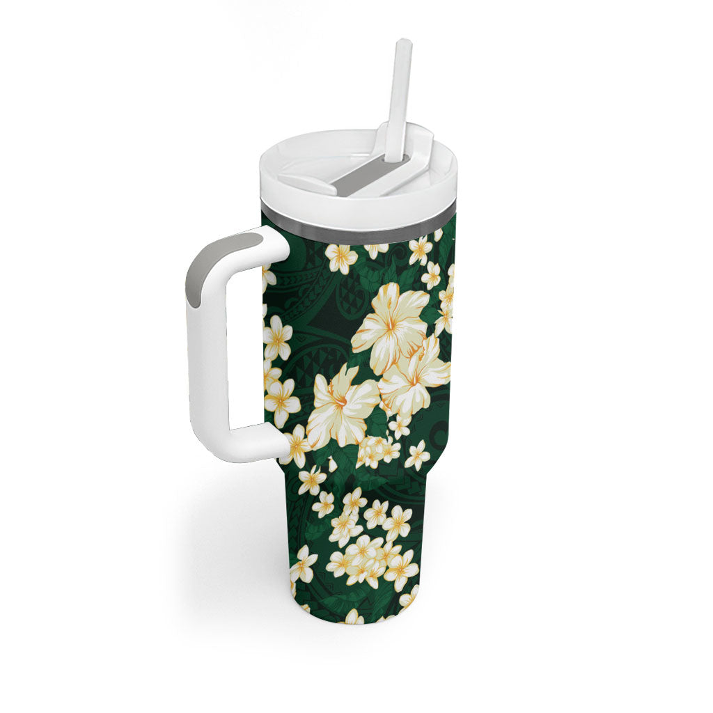Hawaii Hibiscus Plumeria Green Tumbler With Handle Polynesian Pattern