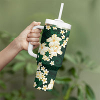 Hawaii Hibiscus Plumeria Green Tumbler With Handle Polynesian Pattern