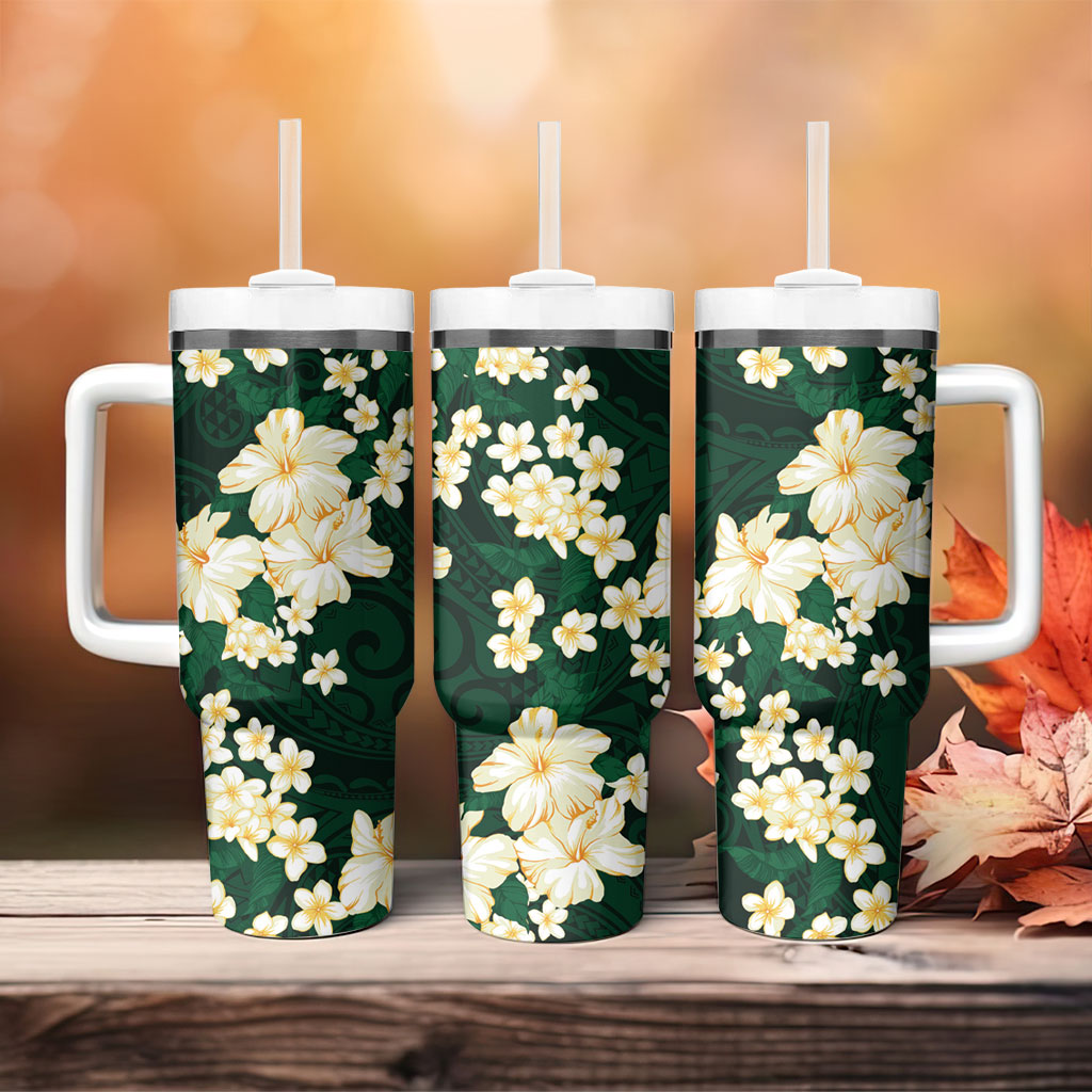 Hawaii Hibiscus Plumeria Green Tumbler With Handle Polynesian Pattern