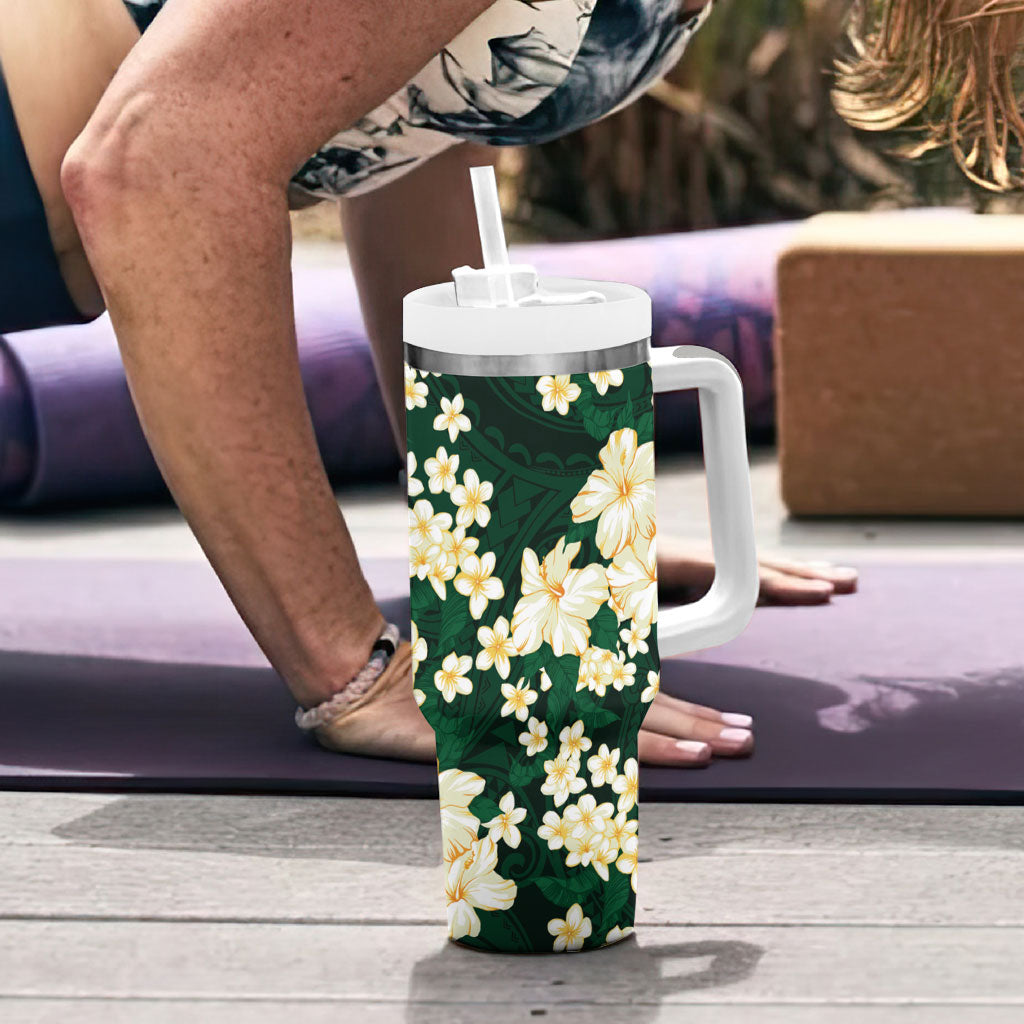 Hawaii Hibiscus Plumeria Green Tumbler With Handle Polynesian Pattern
