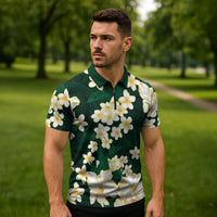 Hawaii Hibiscus Plumeria Green Zipper Polo Shirt Polynesian Pattern