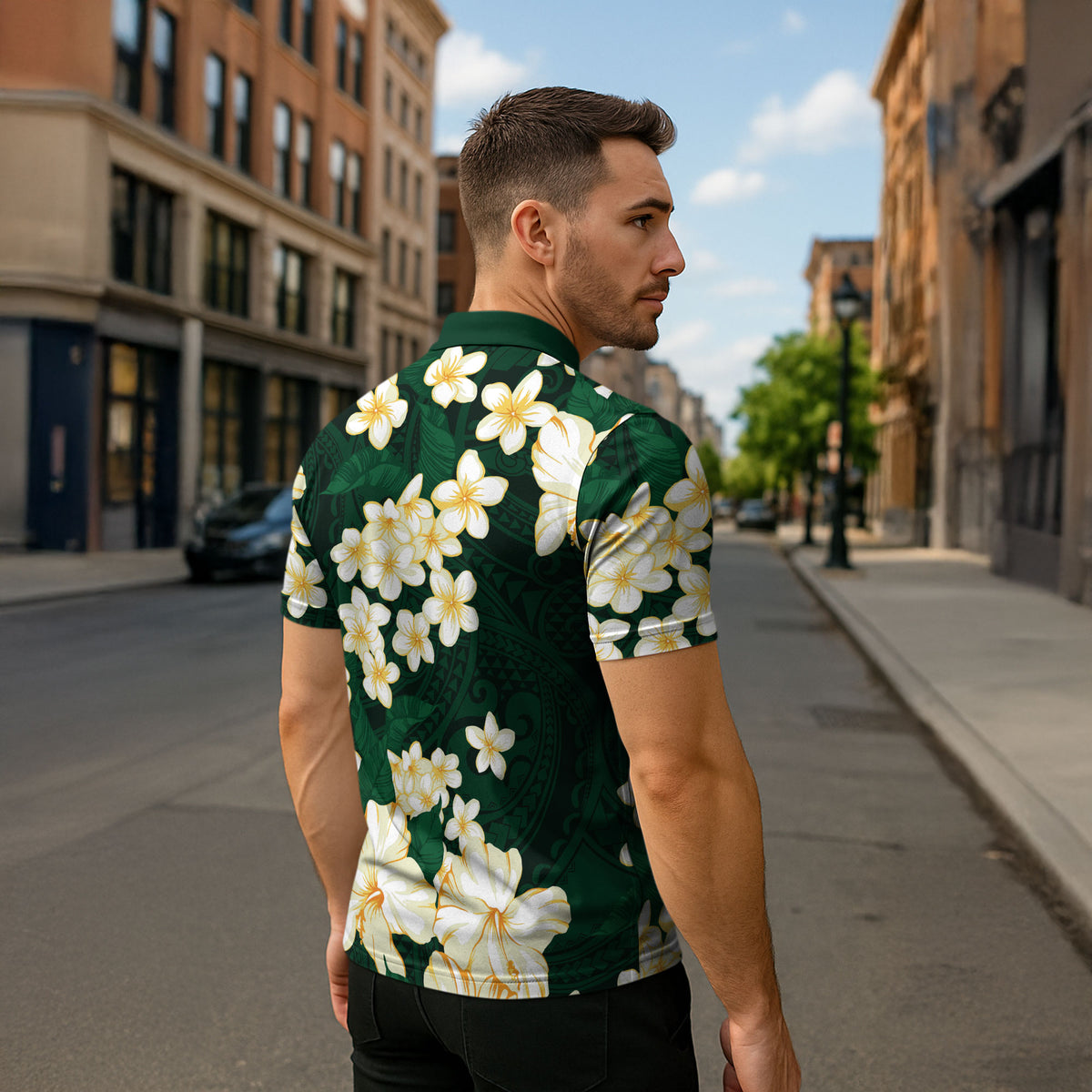 Hawaii Hibiscus Plumeria Green Zipper Polo Shirt Polynesian Pattern