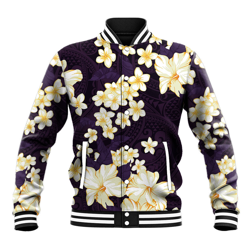 Hawaii Hibiscus Plumeria Purple Baseball Jacket Polynesian Pattern