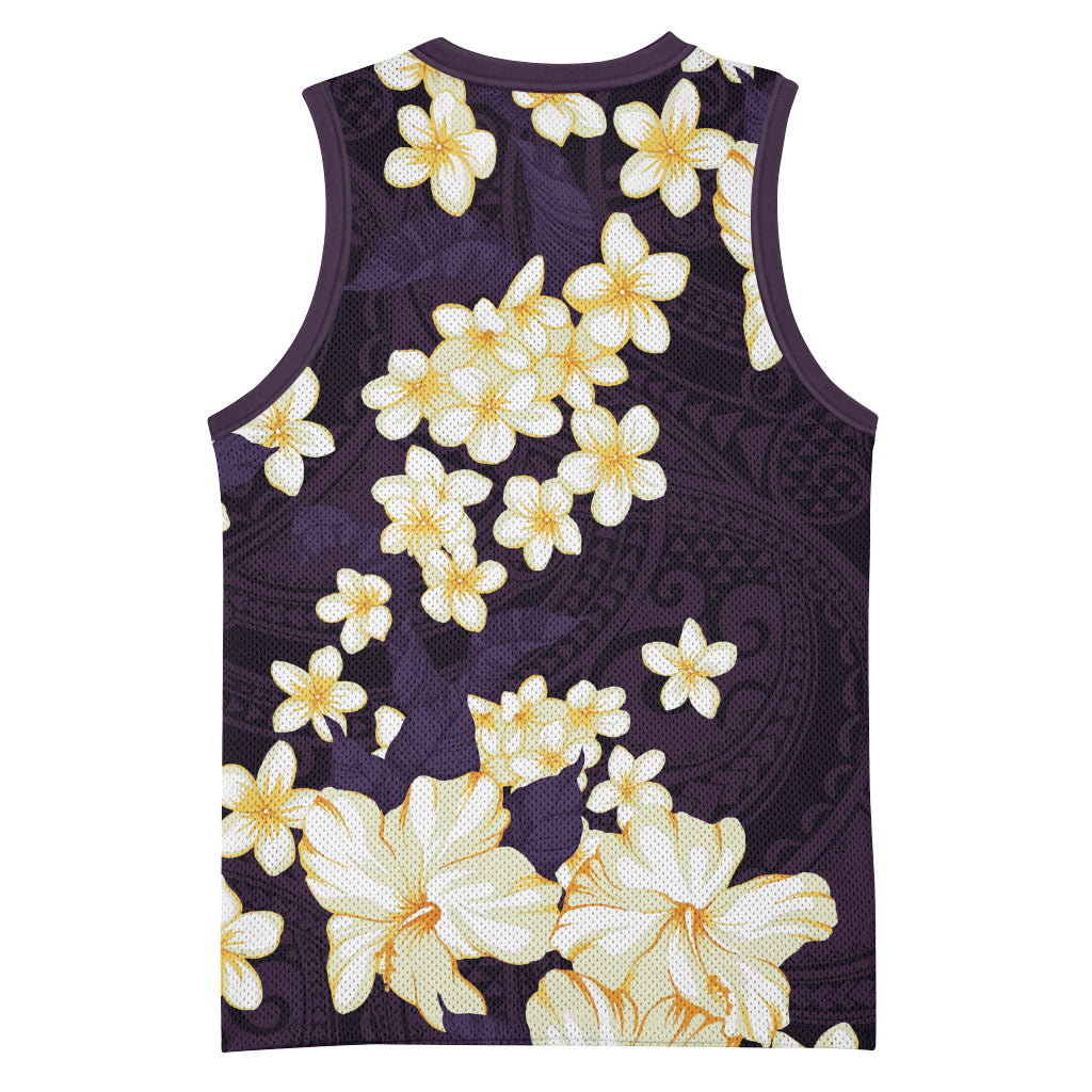 Hawaii Hibiscus Plumeria Purple Basketball Jersey Polynesian Pattern