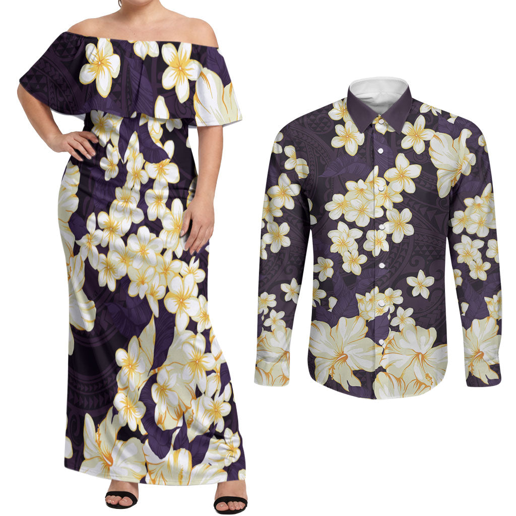 Hawaii Hibiscus Plumeria Purple Couples Matching Off Shoulder Maxi Dress and Long Sleeve Button Shirt Polynesian Pattern LT01 Purple - Polynesian Pride