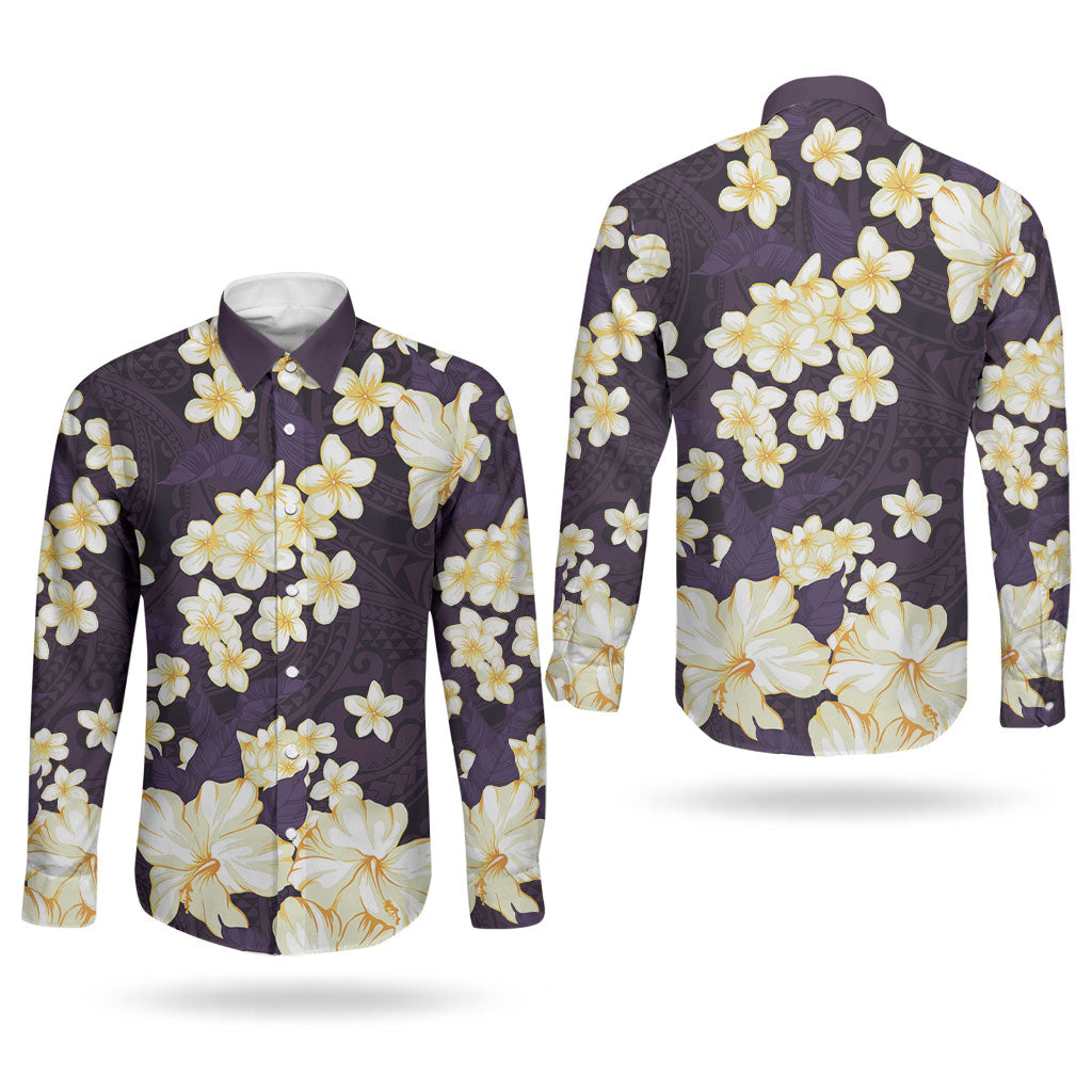 Hawaii Hibiscus Plumeria Purple Couples Matching Off The Shoulder Long Sleeve Dress and Long Sleeve Button Shirt Polynesian Pattern