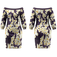 Hawaii Hibiscus Plumeria Purple Couples Matching Off The Shoulder Long Sleeve Dress and Long Sleeve Button Shirt Polynesian Pattern