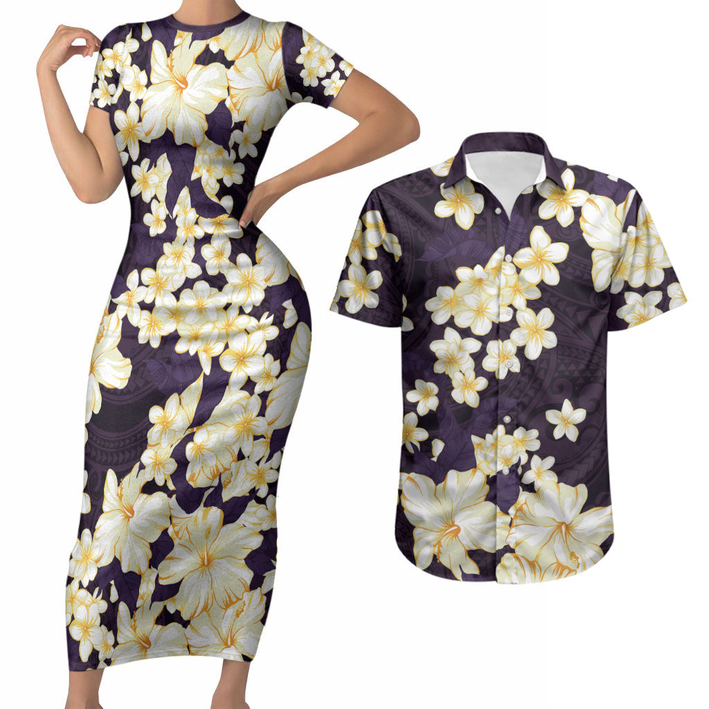 Hawaii Hibiscus Plumeria Purple Couples Matching Short Sleeve Bodycon Dress and Hawaiian Shirt Polynesian Pattern