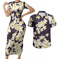 Hawaii Hibiscus Plumeria Purple Couples Matching Short Sleeve Bodycon Dress and Hawaiian Shirt Polynesian Pattern