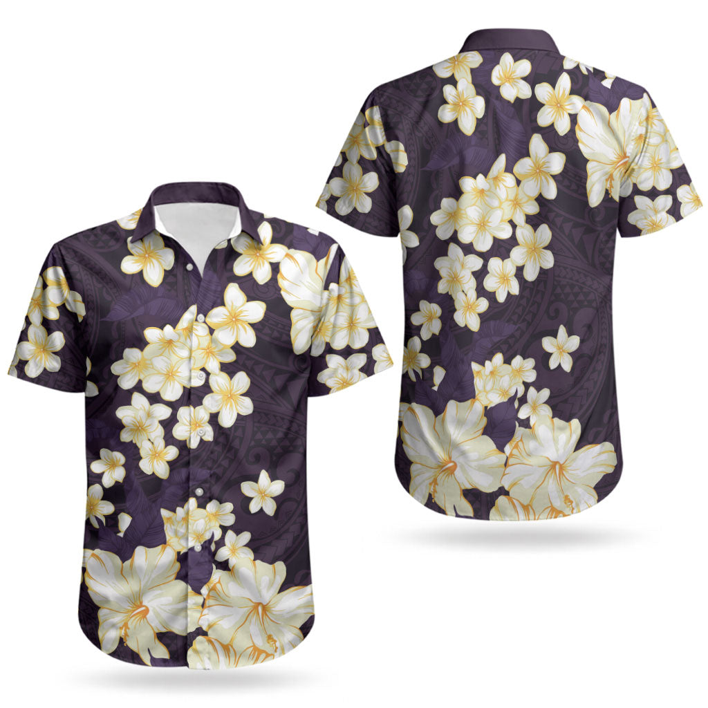 Hawaii Hibiscus Plumeria Purple Couples Matching Short Sleeve Bodycon Dress and Hawaiian Shirt Polynesian Pattern