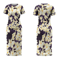 Hawaii Hibiscus Plumeria Purple Couples Matching Short Sleeve Bodycon Dress and Hawaiian Shirt Polynesian Pattern