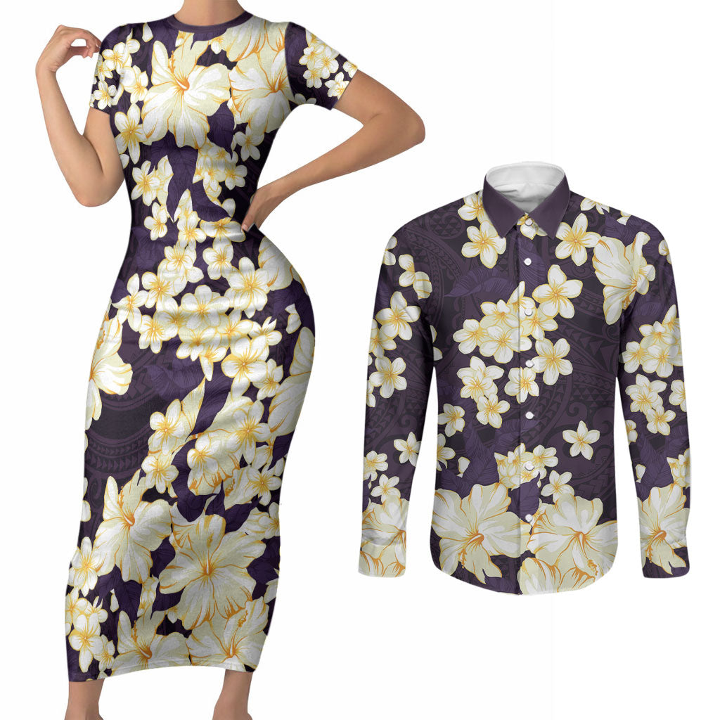 Hawaii Hibiscus Plumeria Purple Couples Matching Short Sleeve Bodycon Dress and Long Sleeve Button Shirt Polynesian Pattern LT01 Purple - Polynesian Pride
