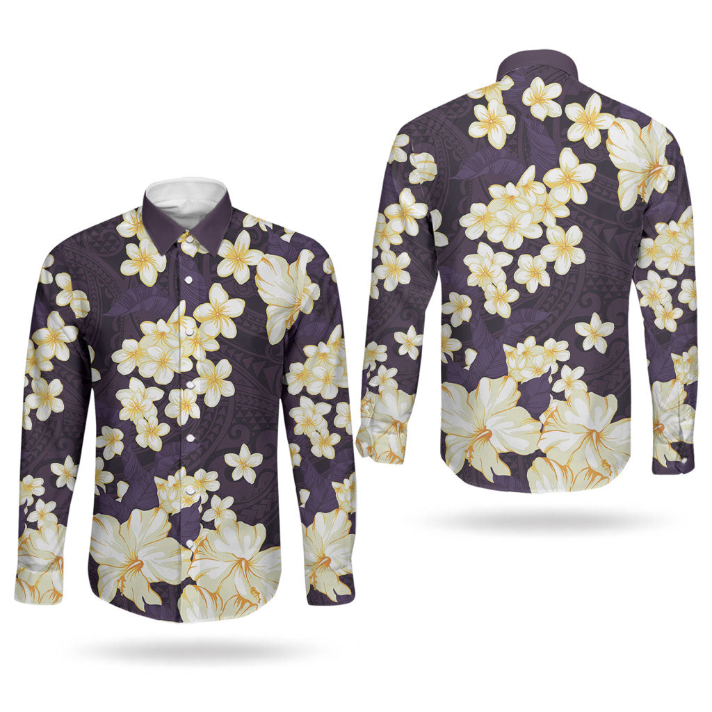 Hawaii Hibiscus Plumeria Purple Couples Matching Short Sleeve Bodycon Dress and Long Sleeve Button Shirt Polynesian Pattern LT01 - Polynesian Pride
