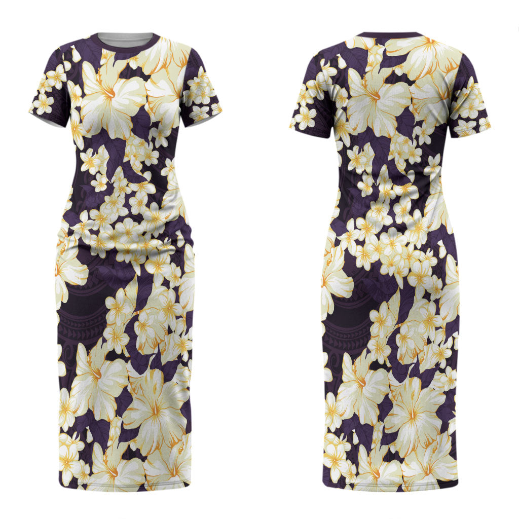 Hawaii Hibiscus Plumeria Purple Couples Matching Short Sleeve Bodycon Dress and Long Sleeve Button Shirt Polynesian Pattern LT01 - Polynesian Pride