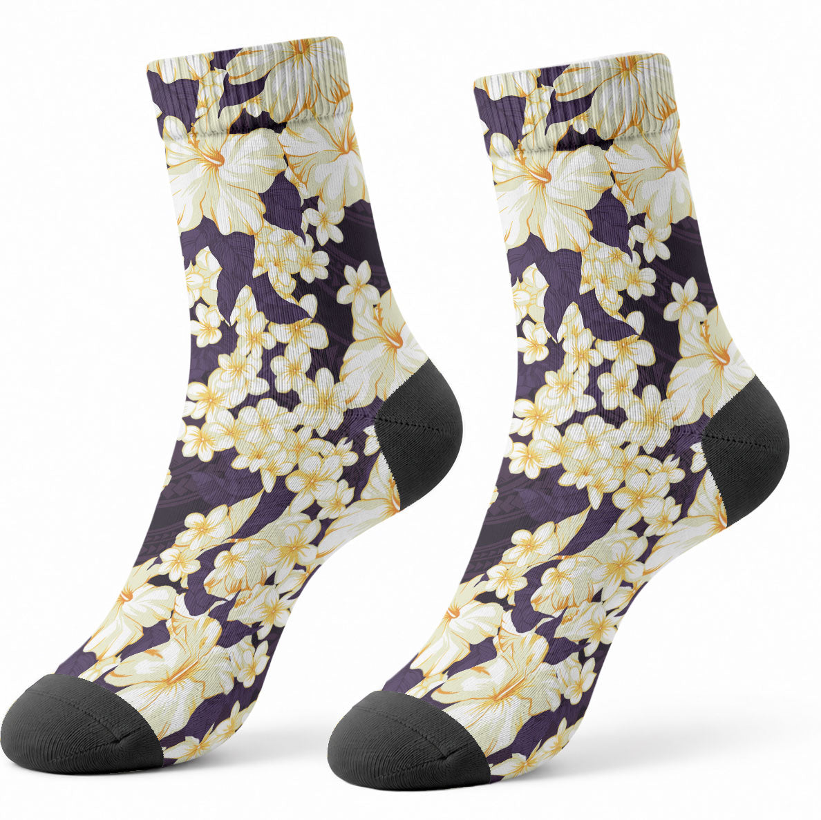 Hawaii Hibiscus Plumeria Purple Crew Socks Polynesian Pattern LT01 - Polynesian Pride