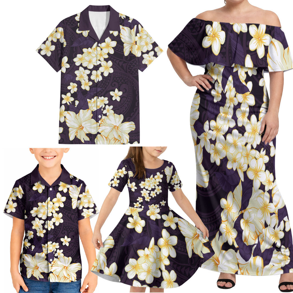 Hawaii Hibiscus Plumeria Purple Family Matching Off Shoulder Maxi Dress and Hawaiian Shirt Polynesian Pattern