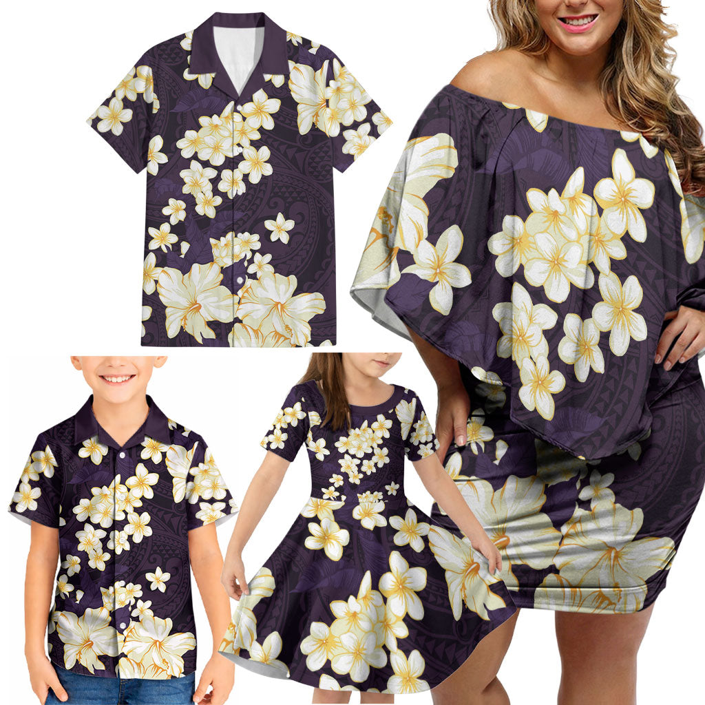 Hawaii Hibiscus Plumeria Purple Family Matching Off Shoulder Short Dress and Hawaiian Shirt Polynesian Pattern