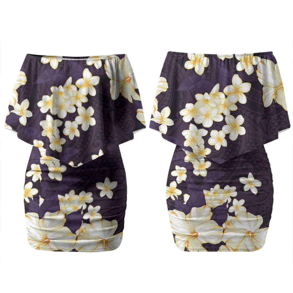 Hawaii Hibiscus Plumeria Purple Family Matching Off Shoulder Short Dress and Hawaiian Shirt Polynesian Pattern