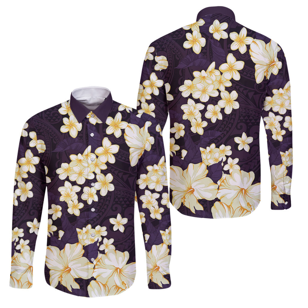 Hawaii Hibiscus Plumeria Purple Family Matching Off Shoulder Short Dress and Hawaiian Shirt Polynesian Pattern