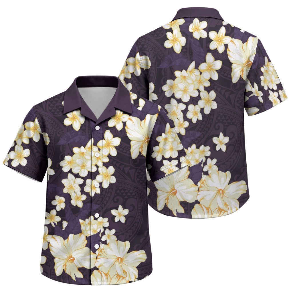 Hawaii Hibiscus Plumeria Purple Family Matching Off Shoulder Short Dress and Hawaiian Shirt Polynesian Pattern