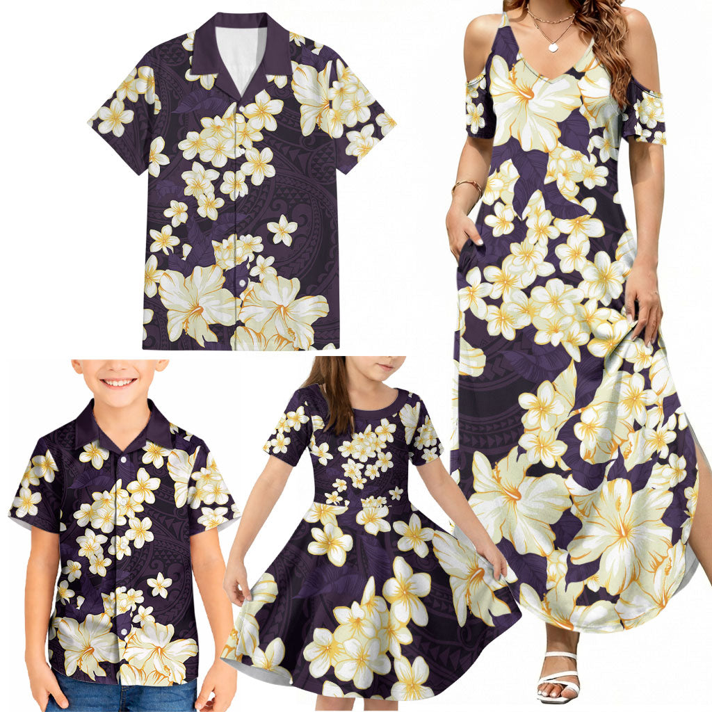 Hawaii Hibiscus Plumeria Purple Family Matching Summer Maxi Dress and Hawaiian Shirt Polynesian Pattern